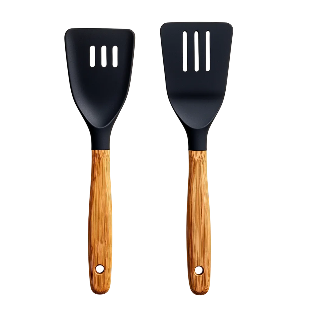 Pair of Black Cooking Spatulas Wooden Handles Free PNG