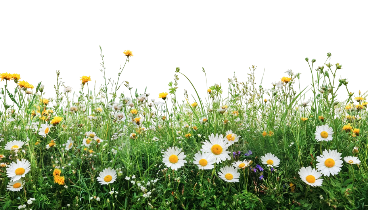 Wild White Daisy Flowers and Green Meadow Border Free PNG