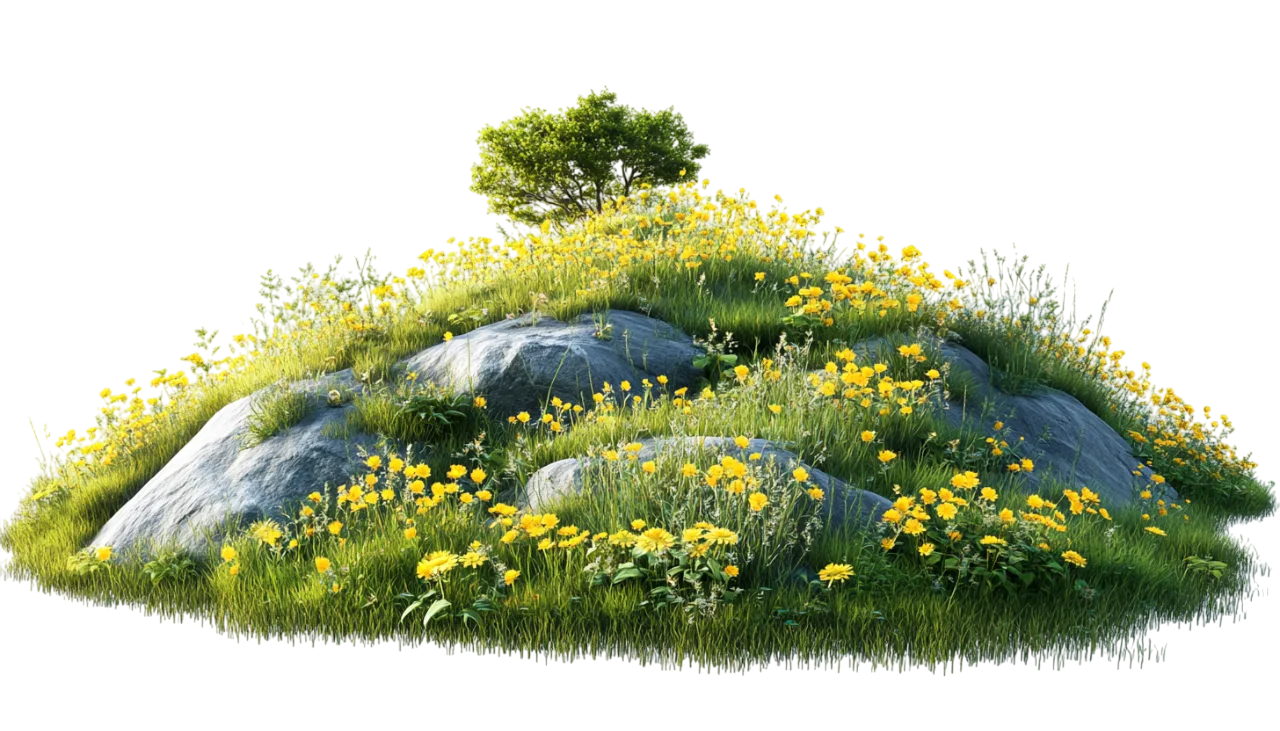Grassy Hillside with Natural Rocks and Green Tree Free PNG