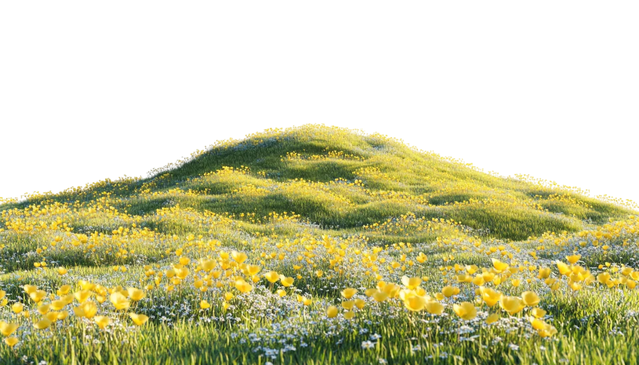 Rolling Green Grassy Hill Meadow with Flowers Free PNG