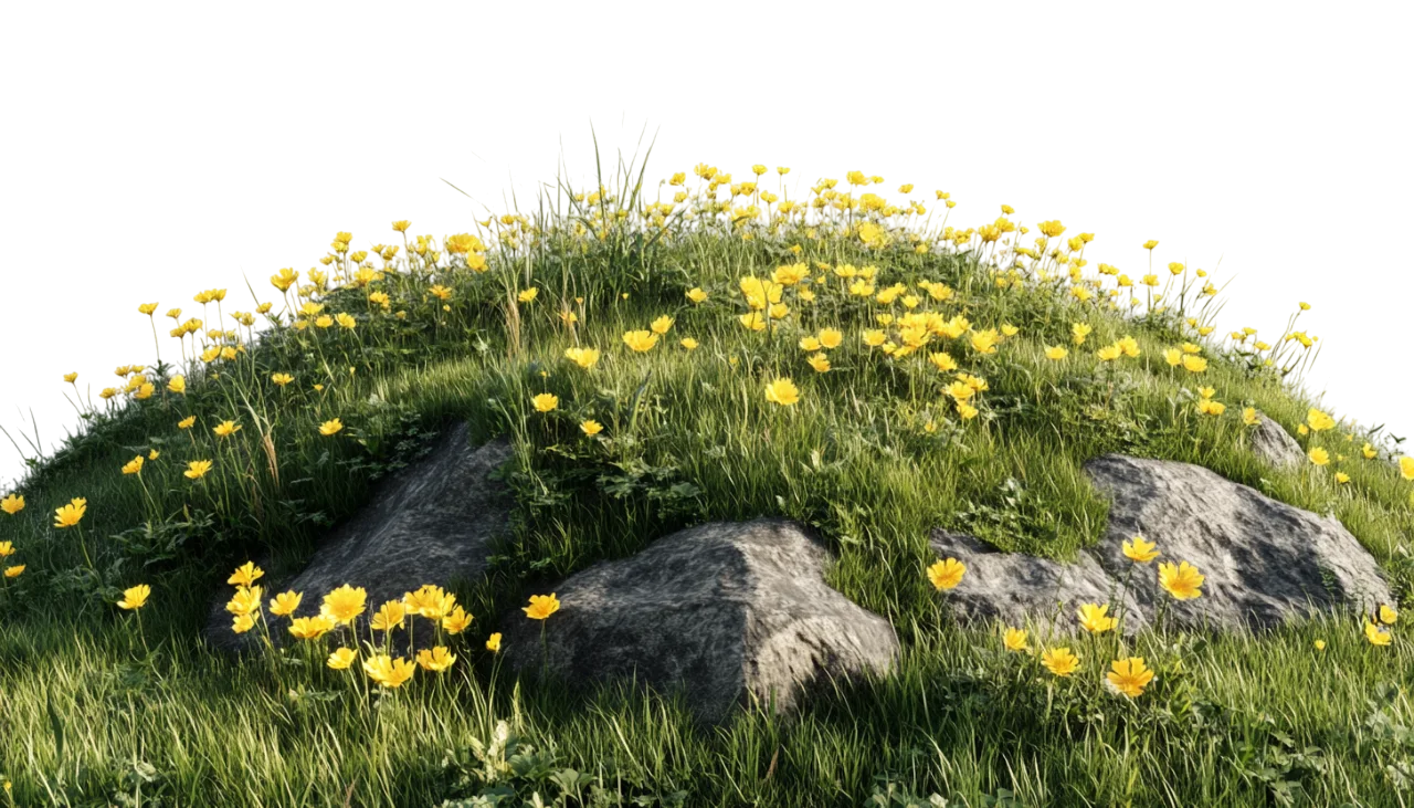 Green Grassy Hill with Wildflowers and Boulders Free PNG
