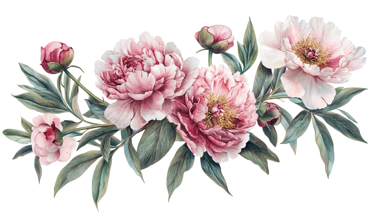 Watercolor Pink Peony Flower Bouquet with Leaves Free PNG