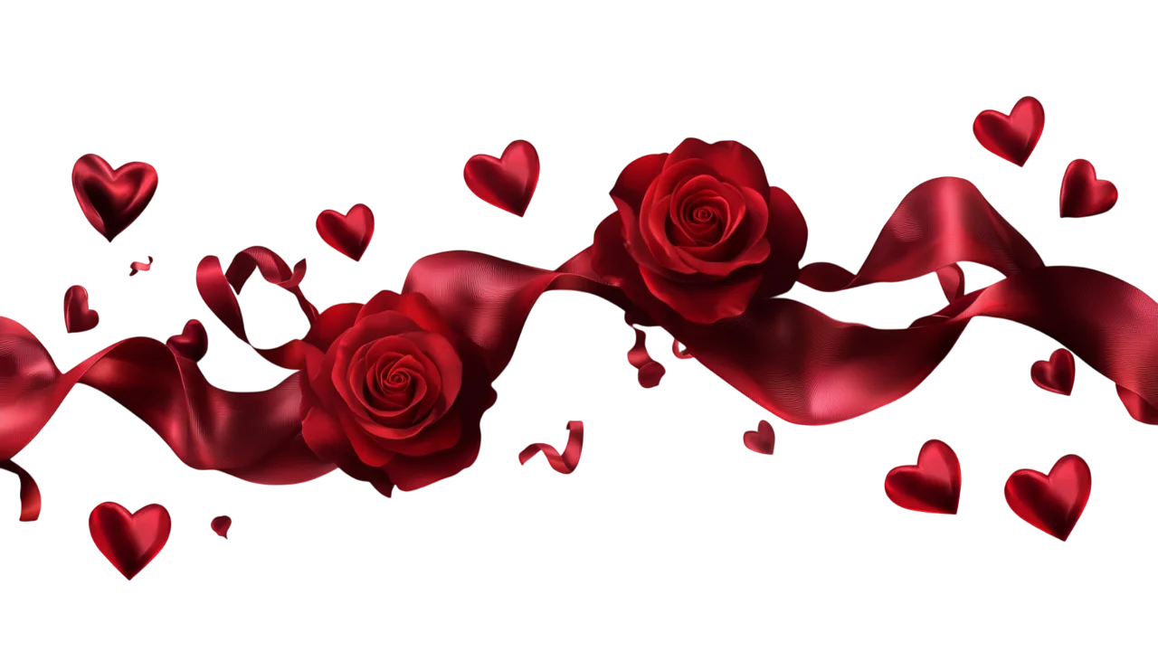 Red Satin Ribbon Garland with Roses and Hearts Free PNG