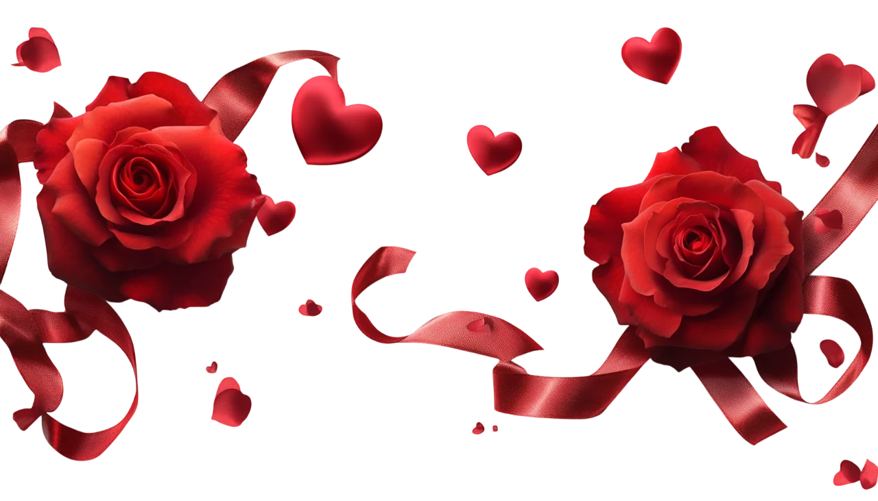 Valentine Red Ribbon with Floating Roses and Hearts Free PNG