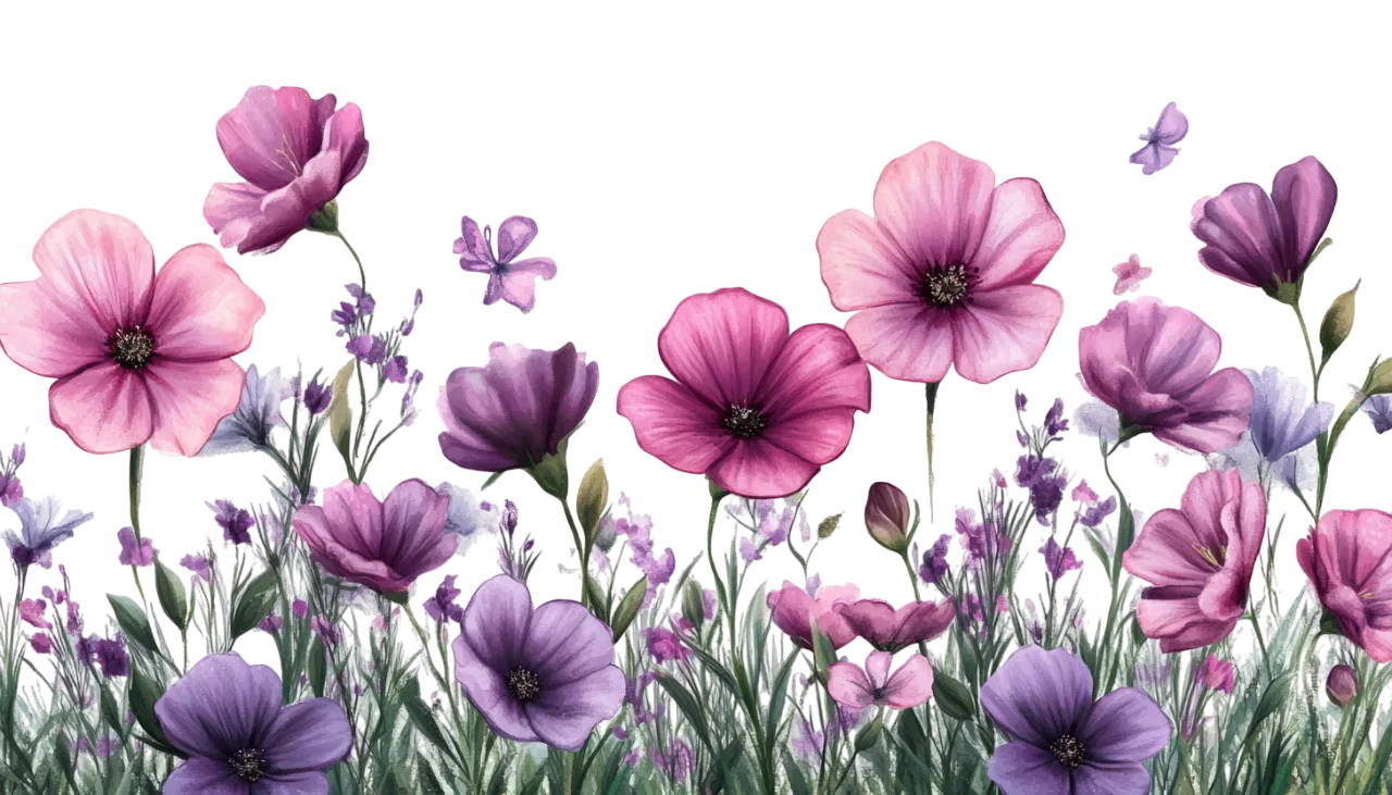 Watercolor Pink and Purple Wildflower Border Free PNG