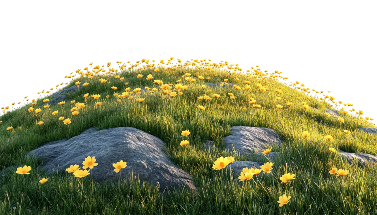 Green Grassy Hillside with Boulders and Flowers Free PNG