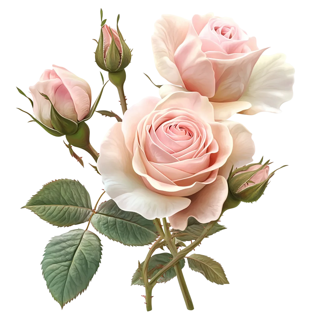 Soft Pink Garden Roses on Stem with Buds Free PNG
