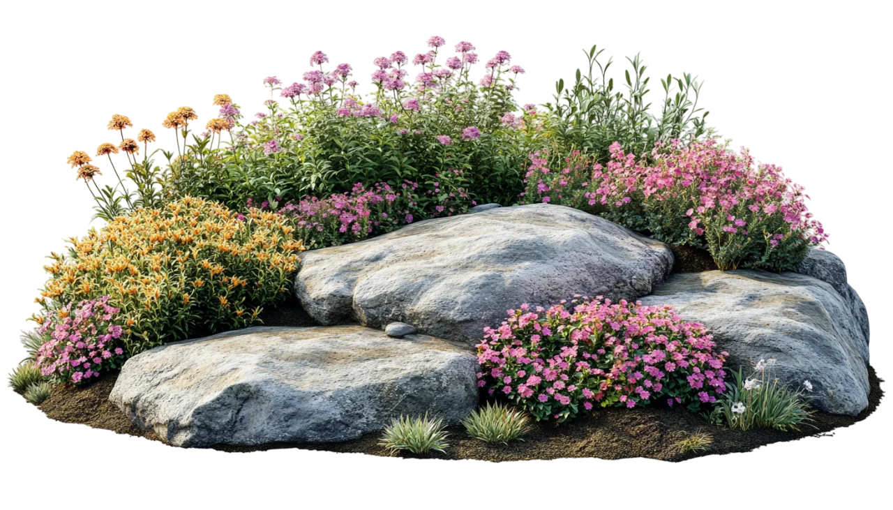 Garden Landscape Rocks with Flowering Bushes Free PNG
