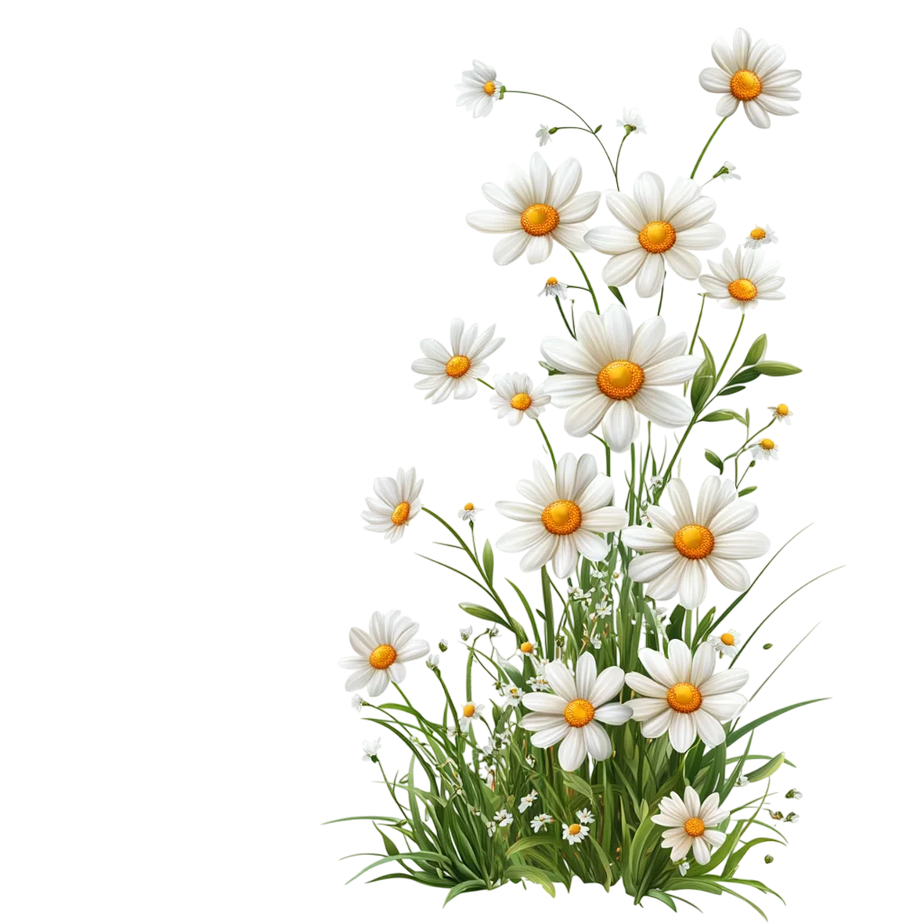 Wild White Daisy Flowers Clump with Green Foliage Free PNG