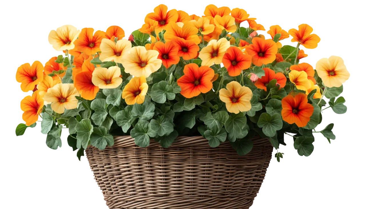 Wicker Basket of Blooming Orange Garden Pansies Free PNG
