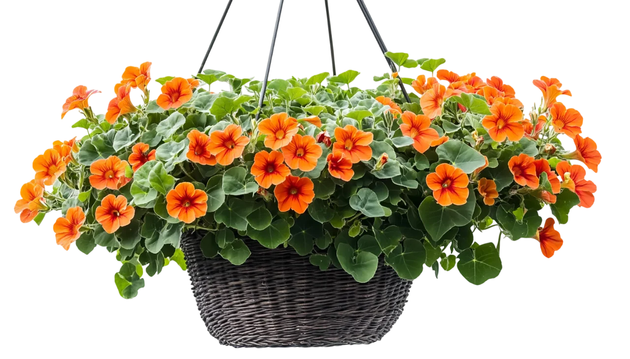 Hanging Basket with Blooming Orange Petunias Free PNG