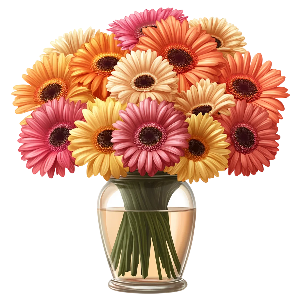 Vibrant Gerbera Daisy Flowers in Clear Glass Vase Free PNG