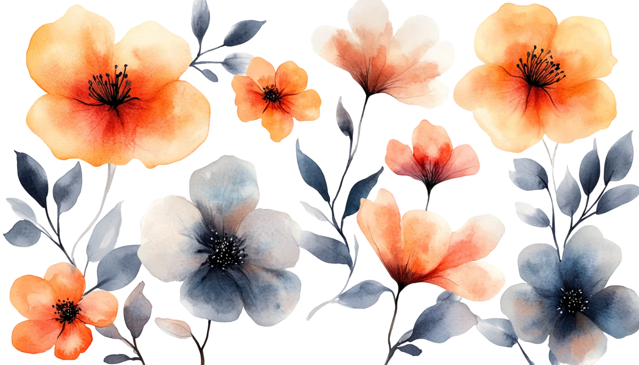Watercolor Floral Pattern with Orange and Blue Blooms Free PNG