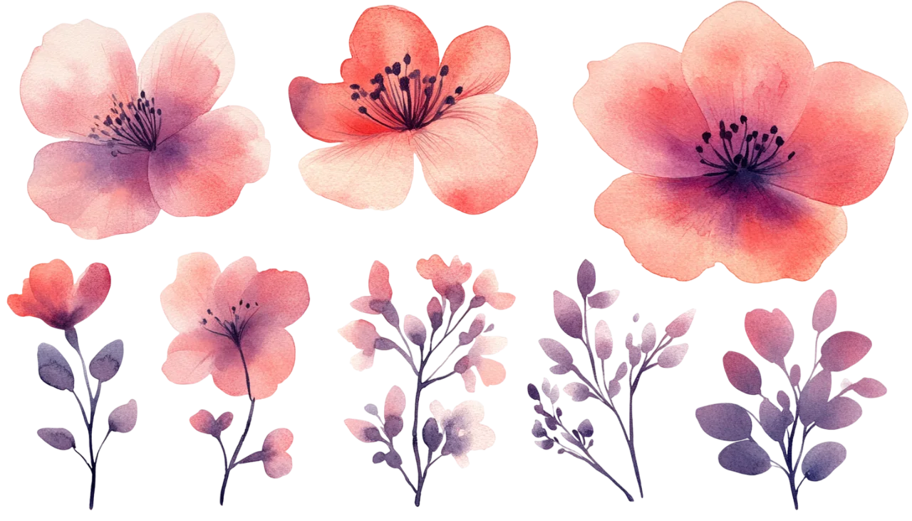Watercolor Pink Blossom Flowers and Foliage Sprigs Free PNG