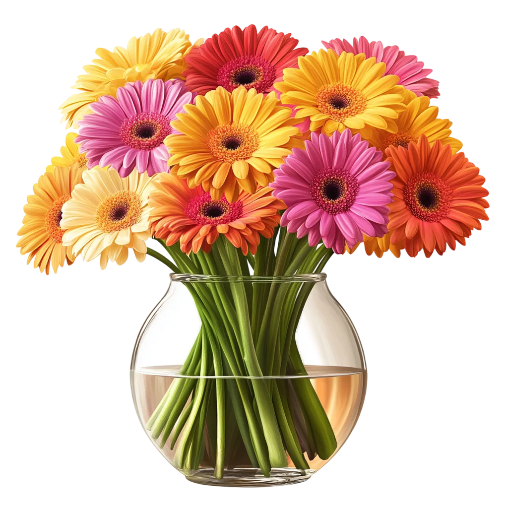 Colorful Gerbera Daisy Bouquet in Glass Vase Free PNG
