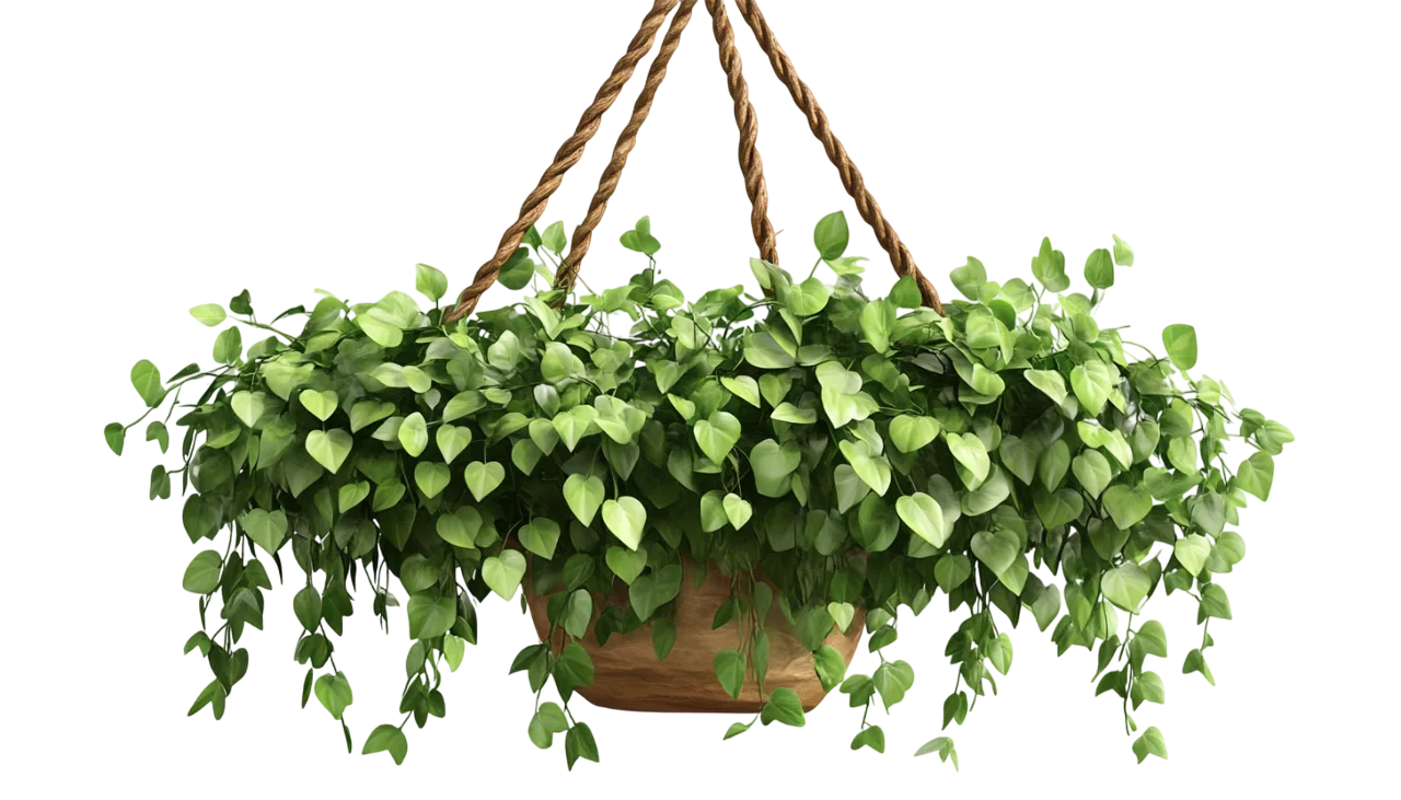 Hanging Green Foliage Plant in Macrame Basket Free PNG