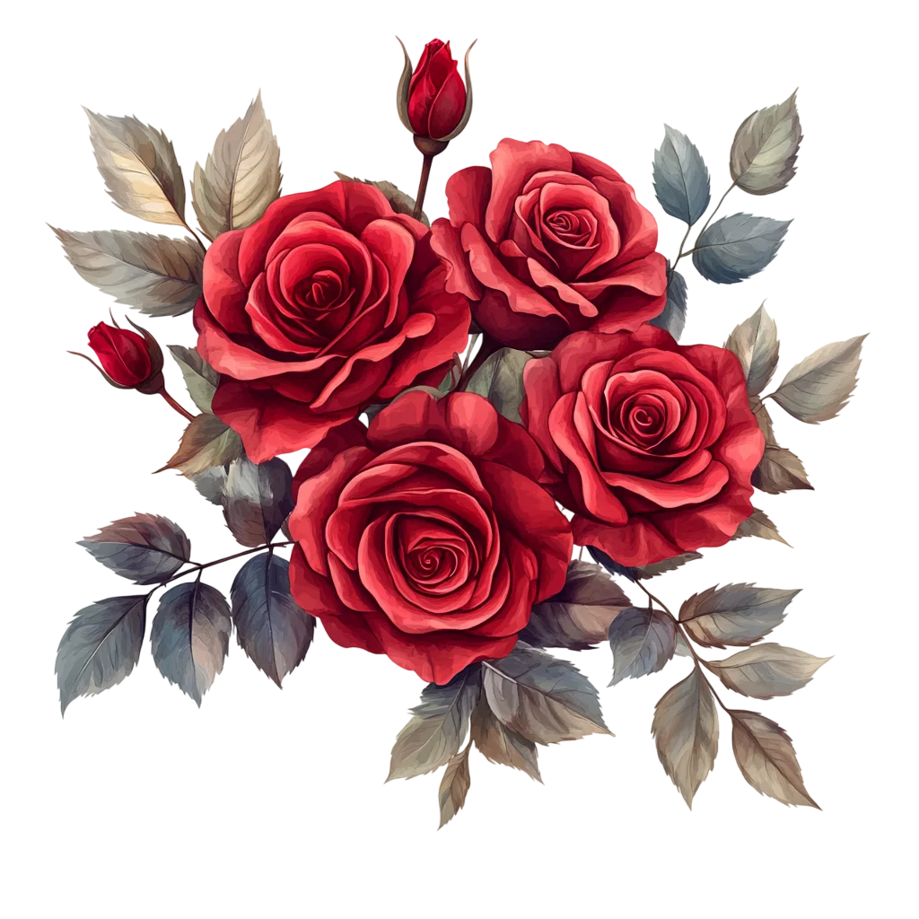Vintage Red Rose Flowers Bouquet with Foliage Free PNG