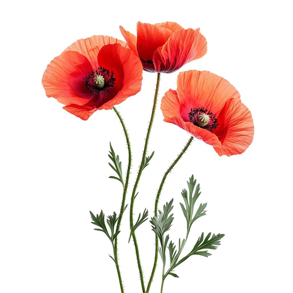 Red Poppy Flower Stems with Blooming Buds Free PNG