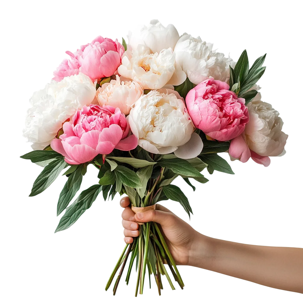 Hand Holding Fresh Peony Flowers Bouquet Free PNG