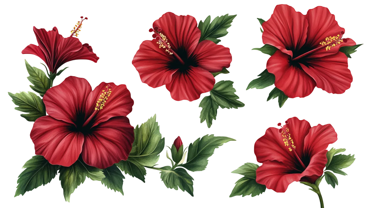 Red Hibiscus Flowers and Leaves Pattern Border Free PNG