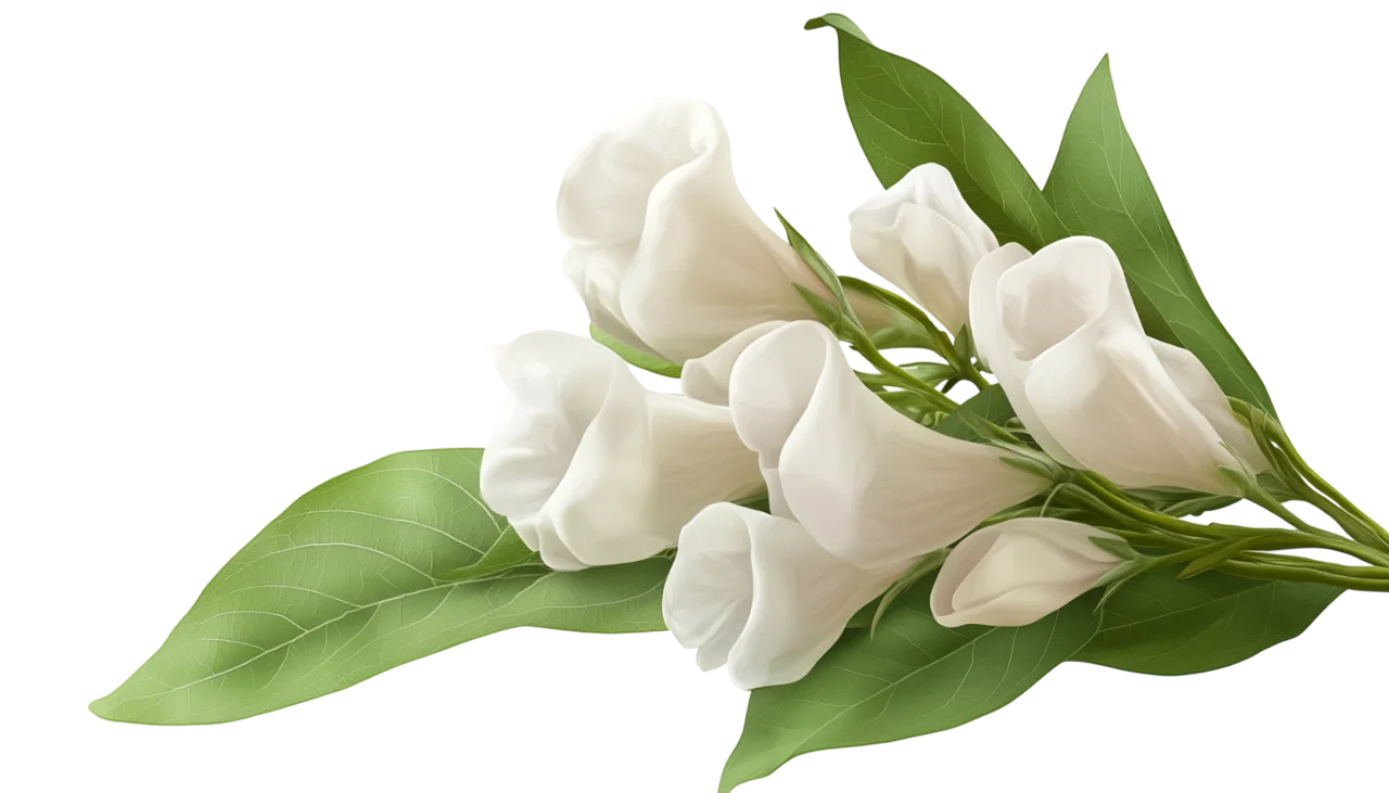 White Orchid Flower Branch with Green Leaves Free PNG
