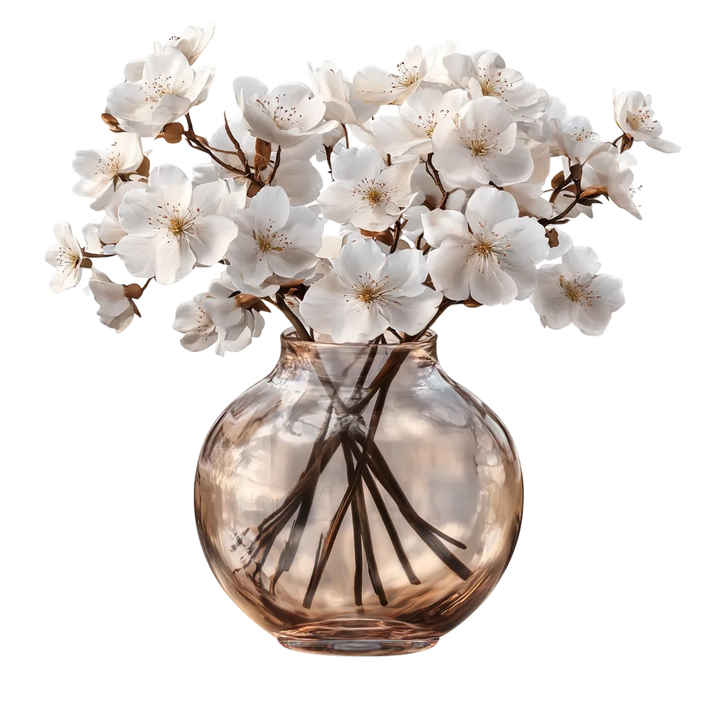 White Blossom Bouquet in Round Glass Vase Free PNG