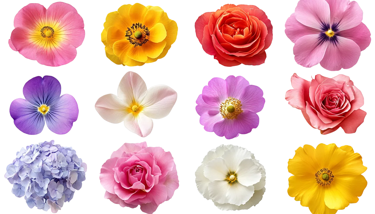 Assorted Colorful Flower Blossom Heads Set Free PNG