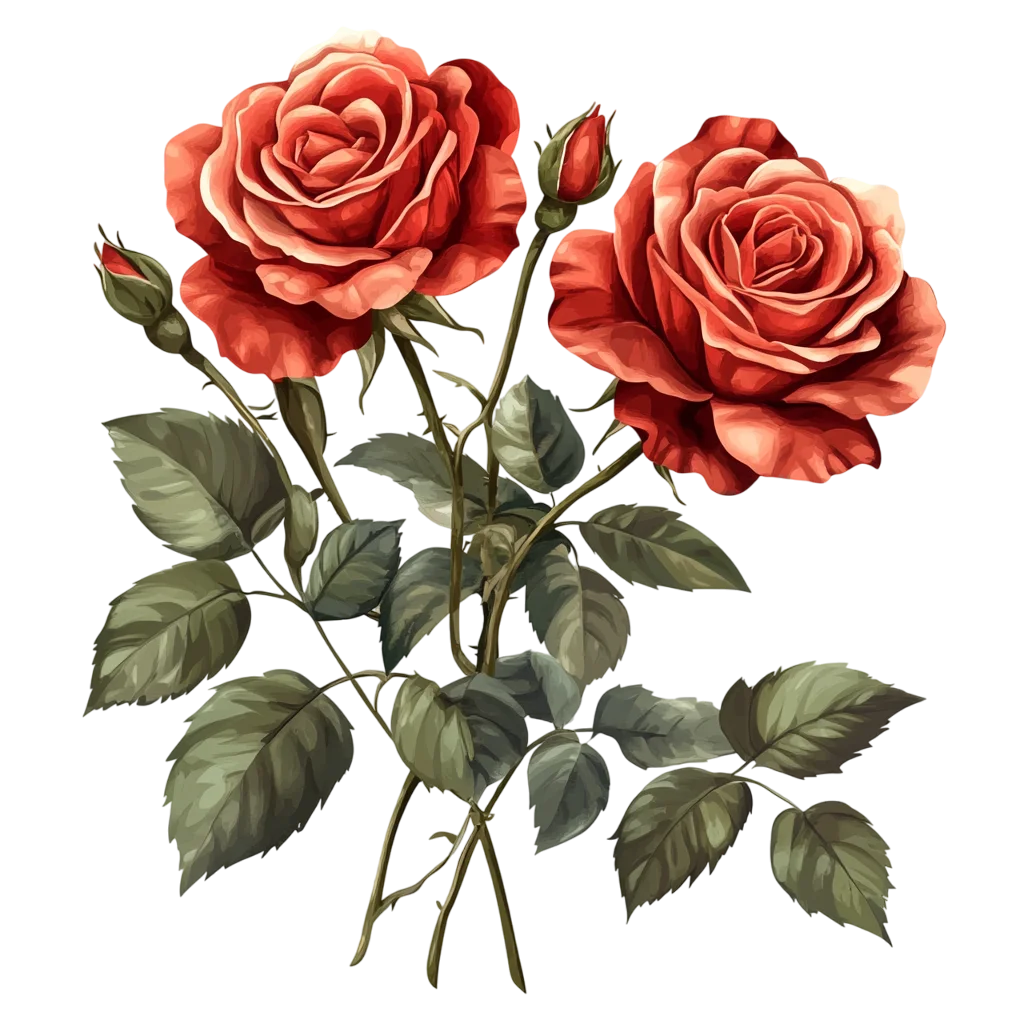 Blooming Red Rose Flowers on Stems with Leaves Free PNG