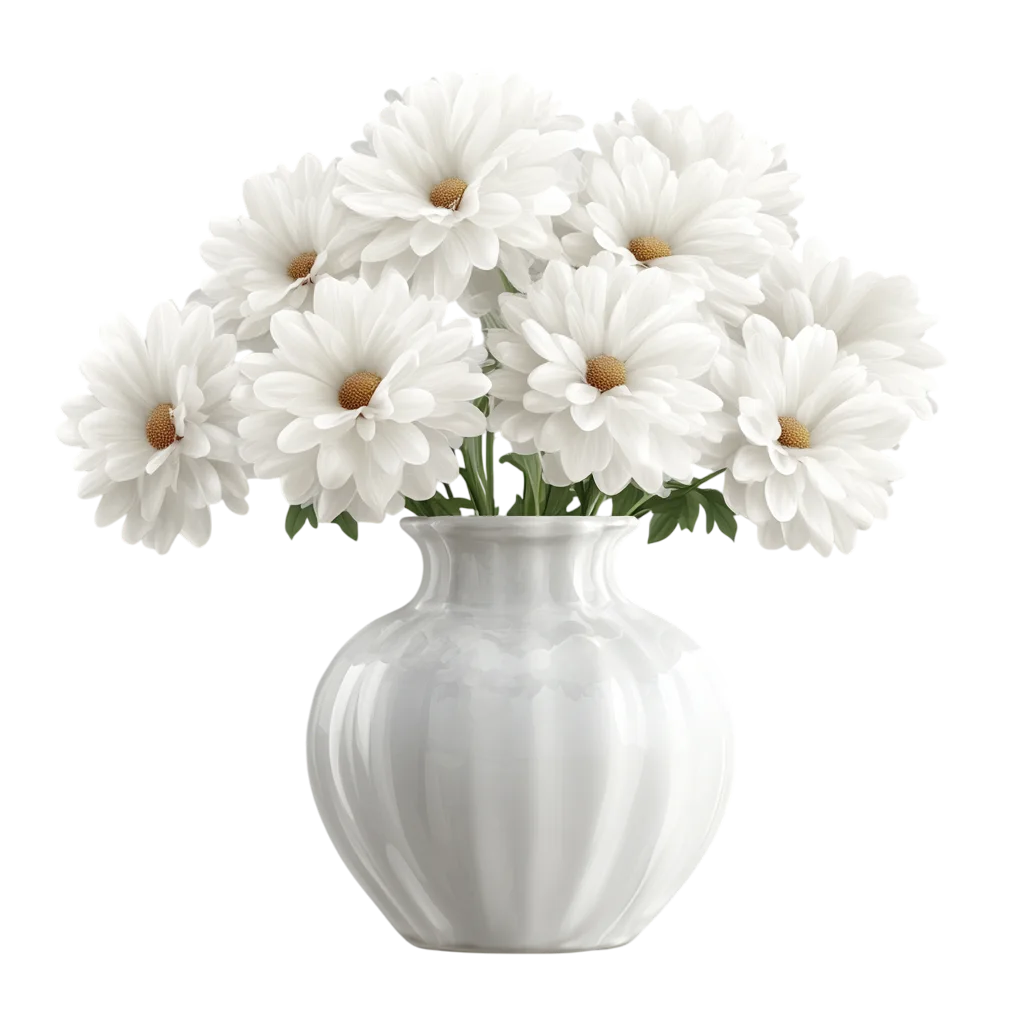 White Dahlia Flowers Bouquet in Ceramic Vase Free PNG