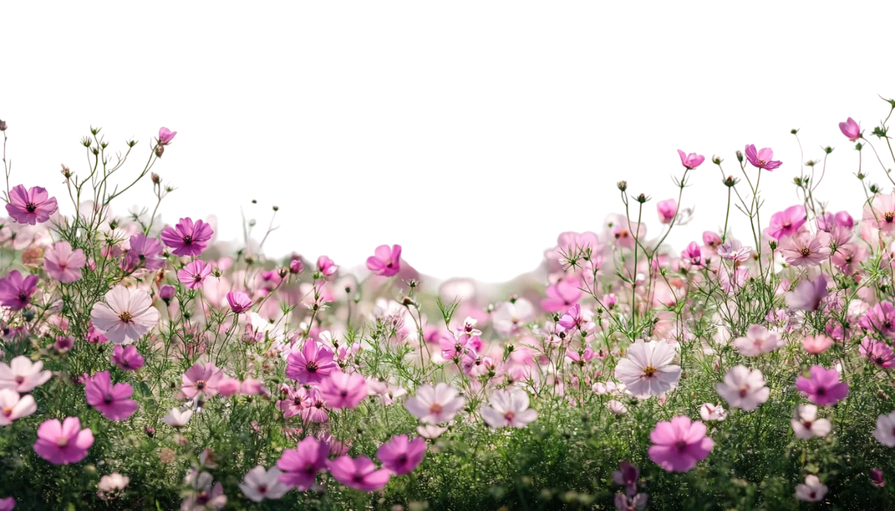 Pink Cosmos Wildflower Meadow Grass Border Free PNG