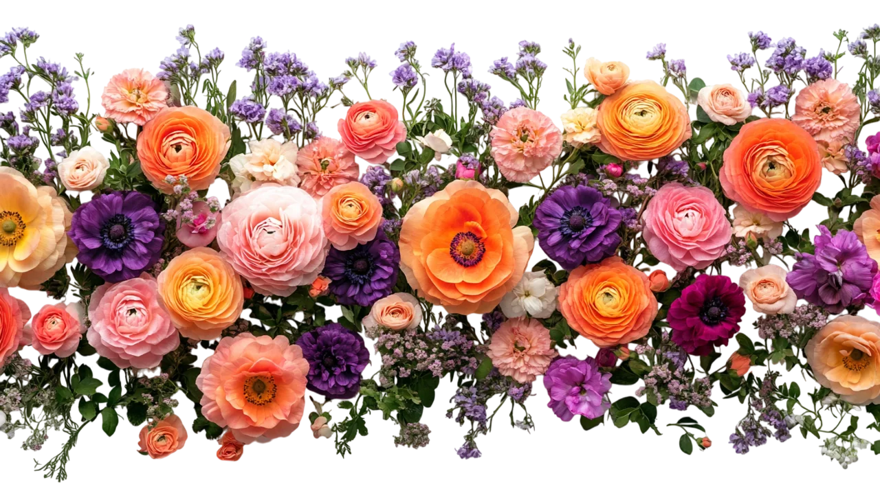 Lush Orange and Purple Garden Flowers Garland Free PNG