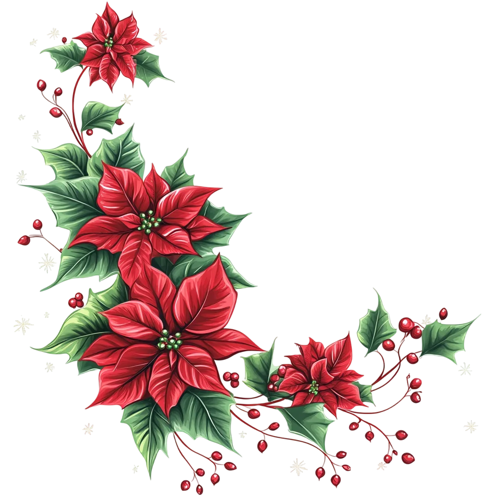 Red Poinsettia and Holly Leaves Corner Swag Free PNG