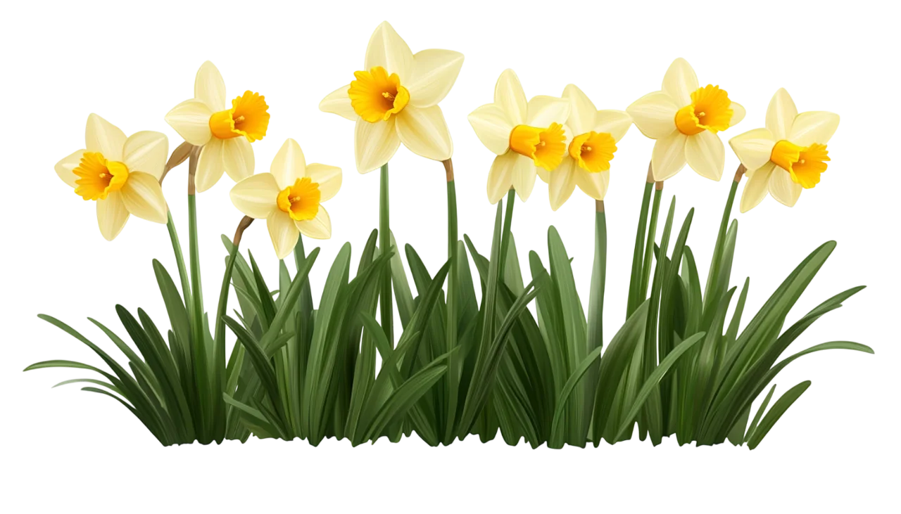 Blooming Yellow Daffodils Field Grass Border Free PNG