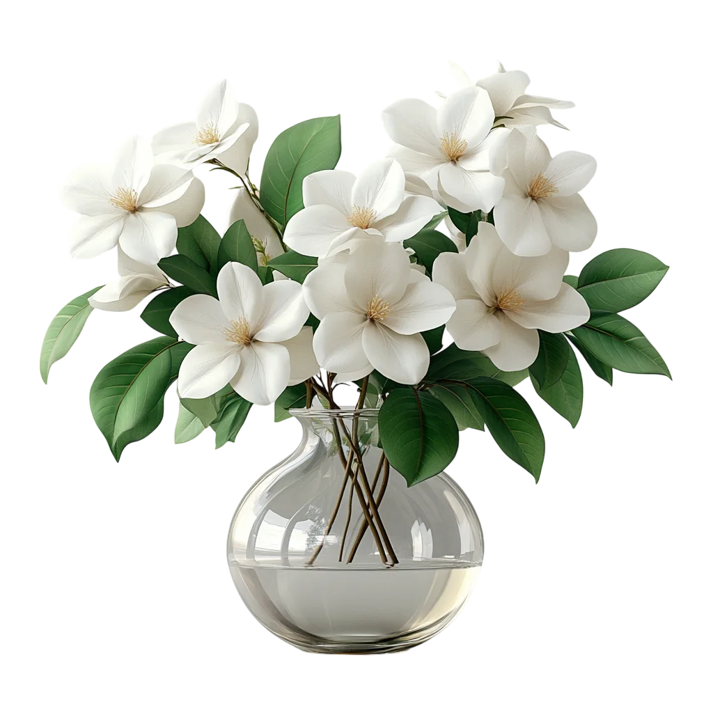 White Jasmine Flower Bouquet in Clear Glass Vase Free PNG