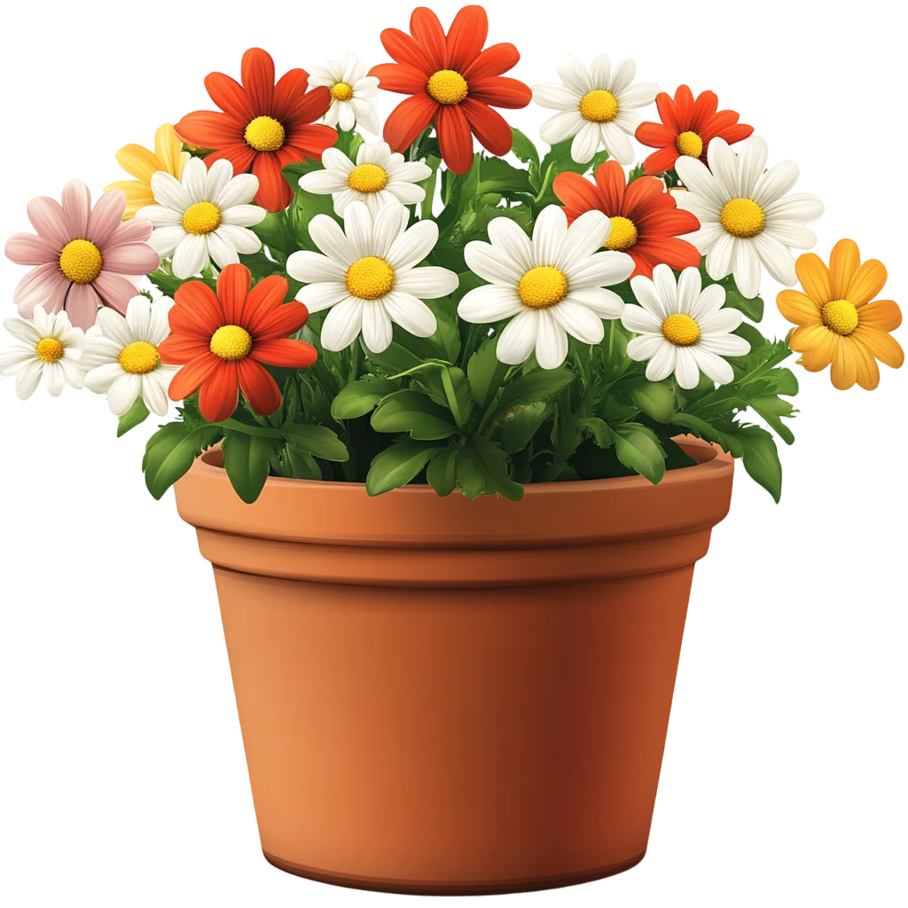 Potted Daisy and Gerbera Flowers in Clay Pot Free PNG