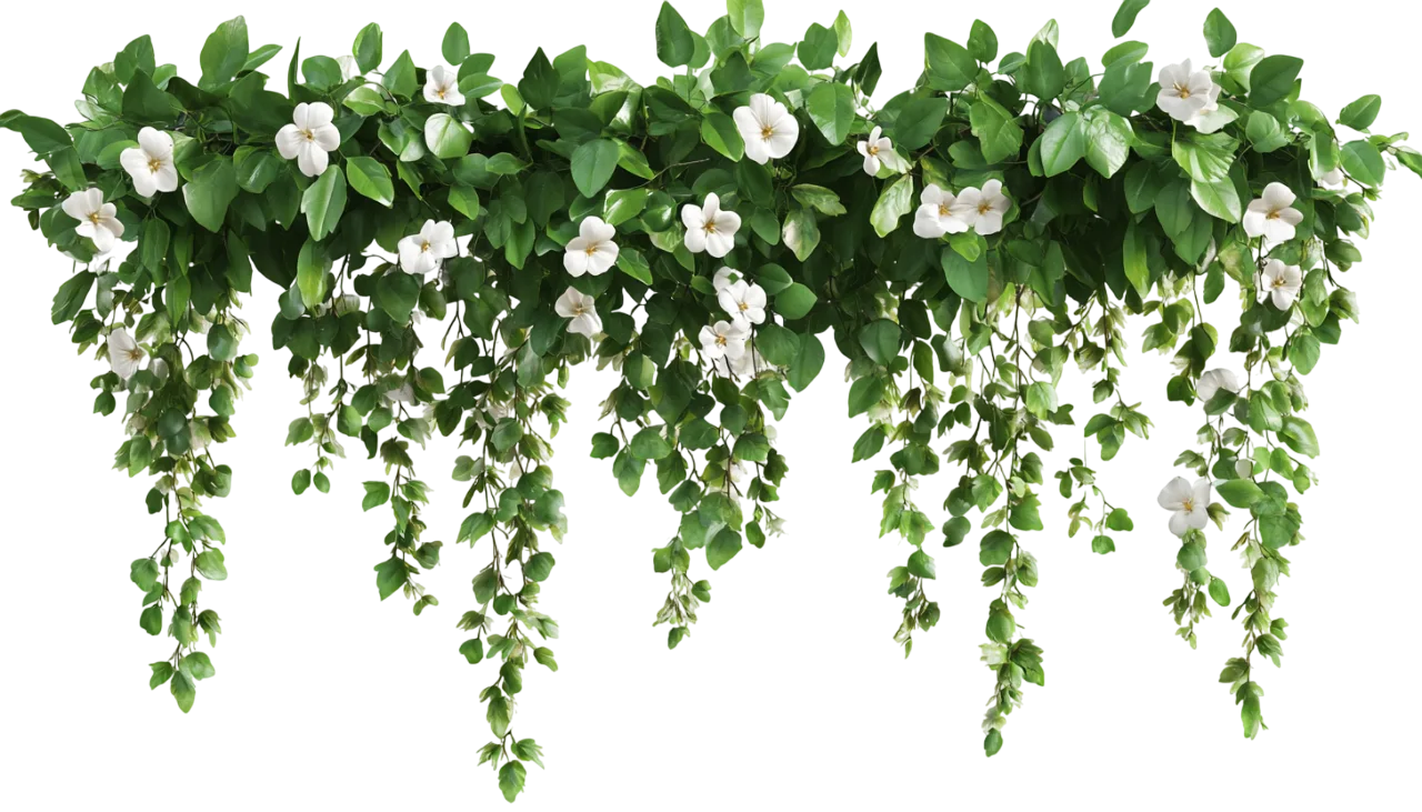 Lush Hanging Green Ivy Vines with White Blossoms Free PNG