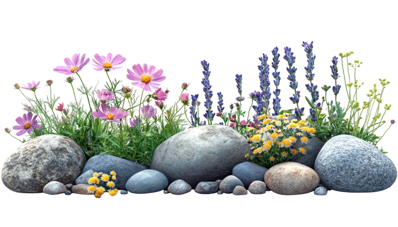 Garden Rockery Flowerbed with Lavender and Rocks Free PNG