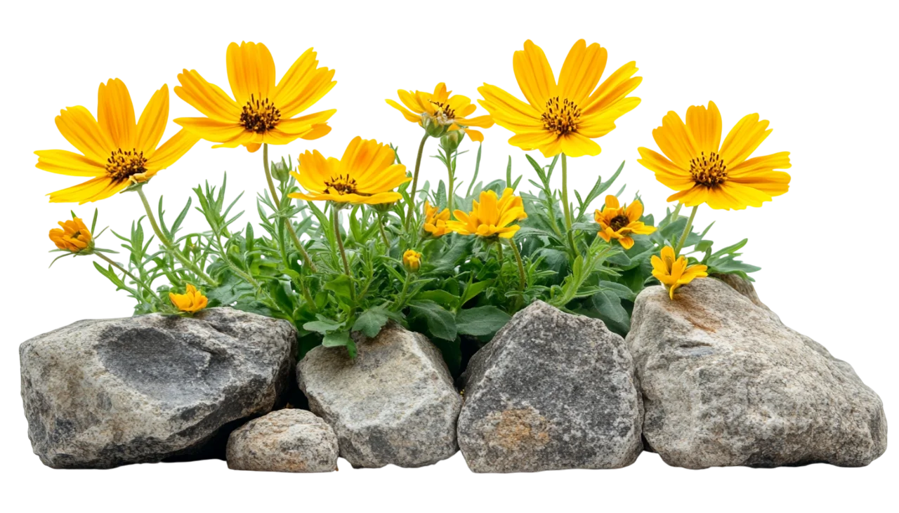 Yellow Daisy Wildflowers Growing Over Garden Rocks Free PNG
