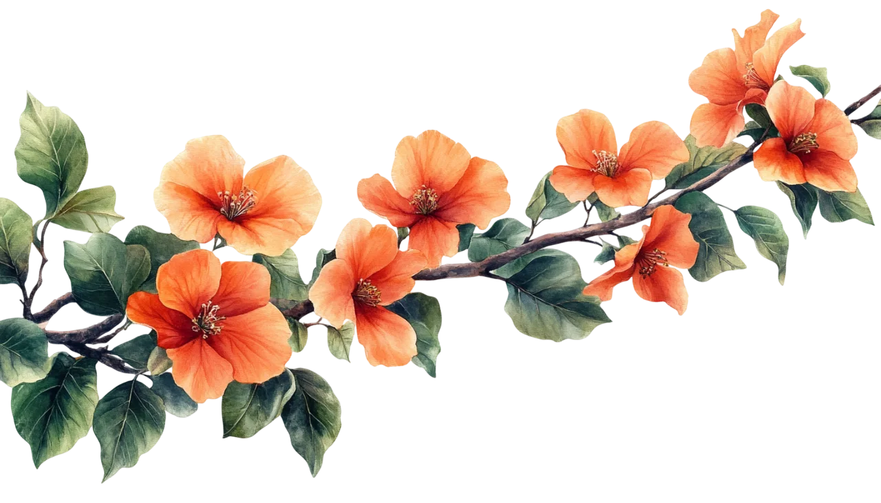 Orange Flower Tree Branch Sprig with Green Leaves Free PNG