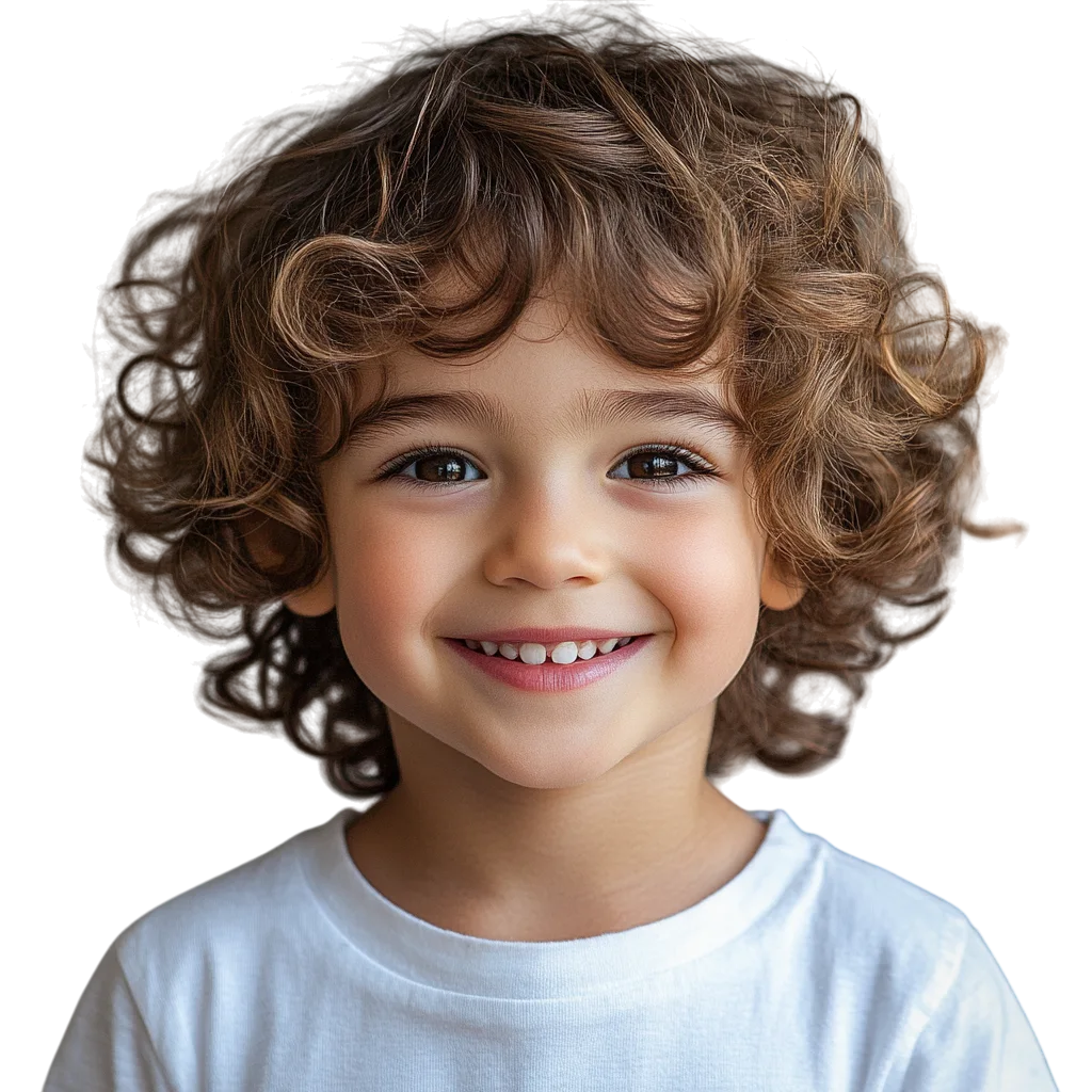 Smiling Boy with Brown Curls in White Tee Free PNG