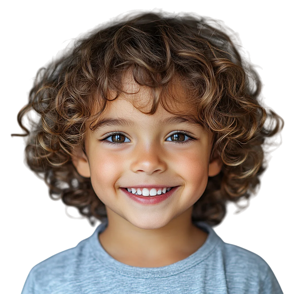 Happy Curly Hair Boy in Light Blue Shirt Free PNG