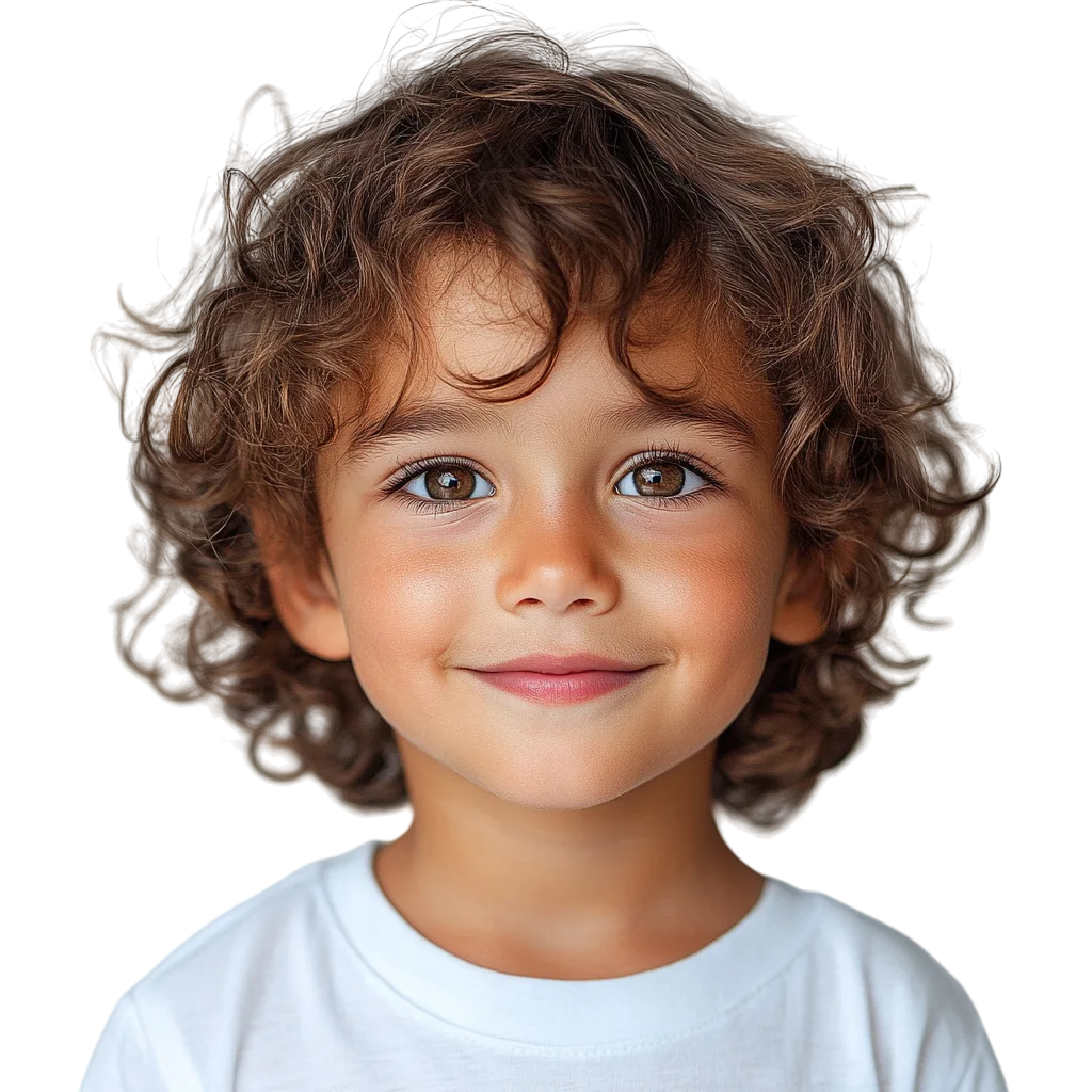 Curly Brown Hair Boy in White Shirt Free PNG