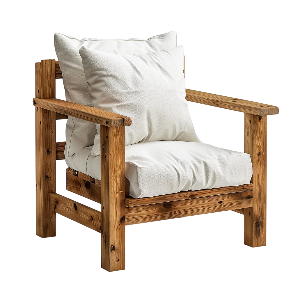 Rustic Wood Armchair with White Cushion Free PNG