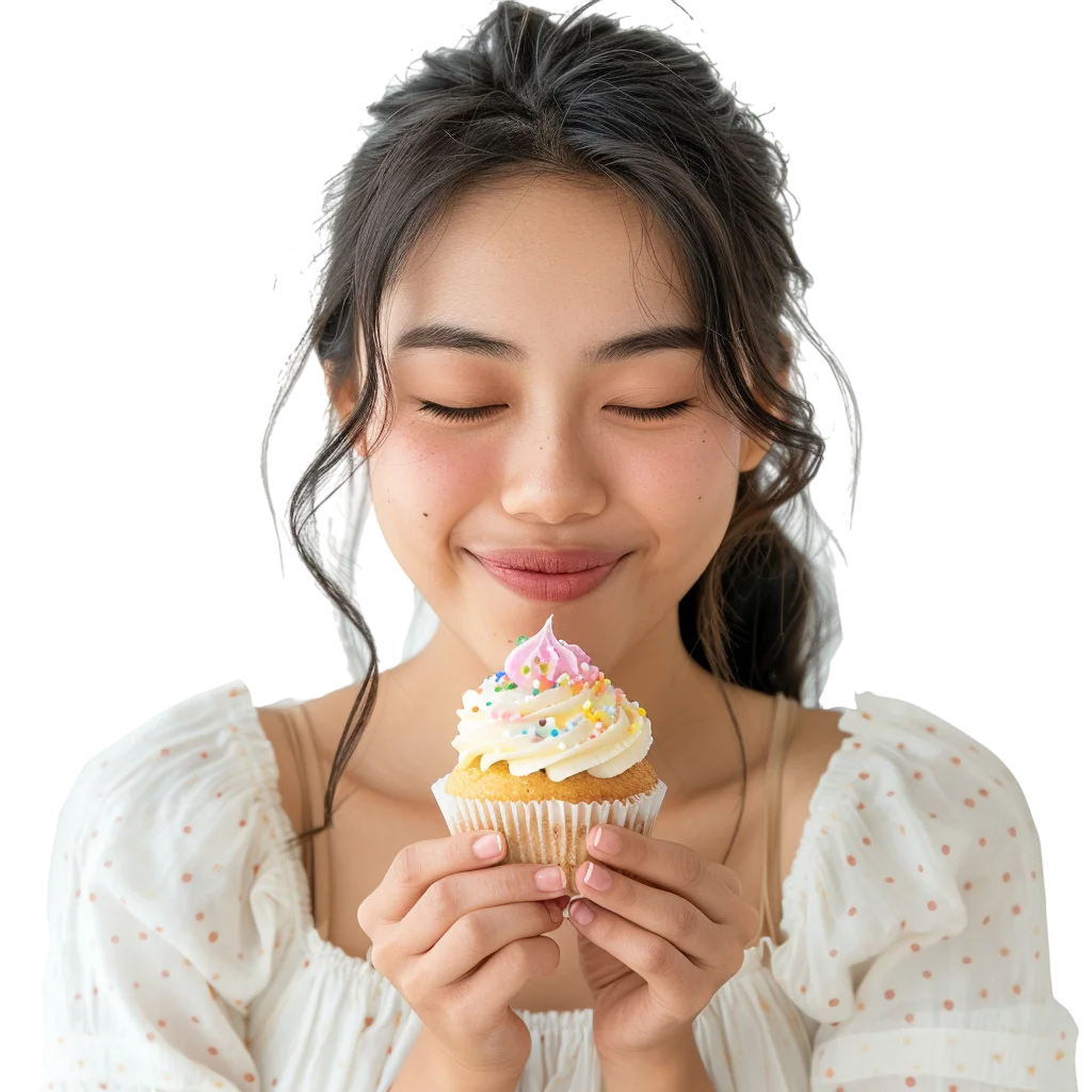 Asian Woman Holding and Smelling Cupcake Free PNG