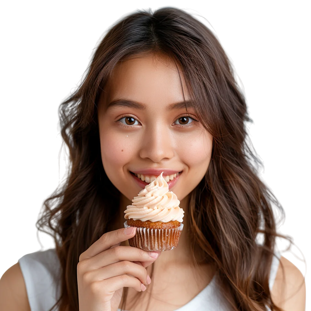 Young Asian Woman Eating Sweet Cupcake Free PNG Cutout