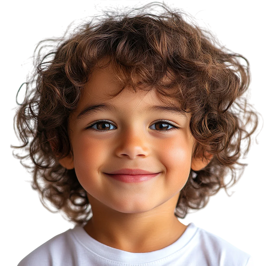 Happy Curly Hair Boy in White T-Shirt Free PNG