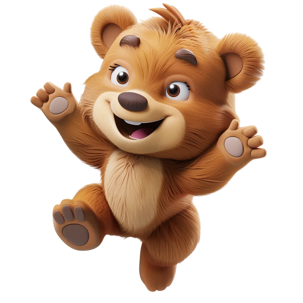 Playful 3D Brown Bear Cub Jumping Free PNG Cutout