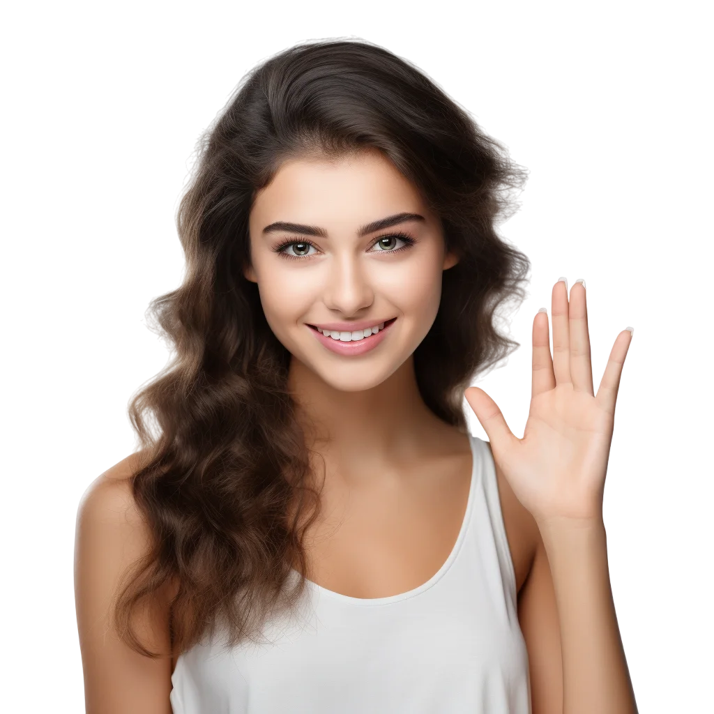 Waving Brunette Woman in White Tank Top Free PNG Cutout