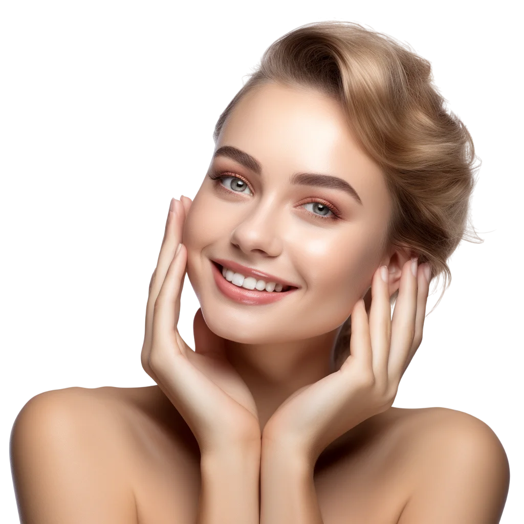 Smiling Blonde Woman Resting Chin on Hands Free PNG
