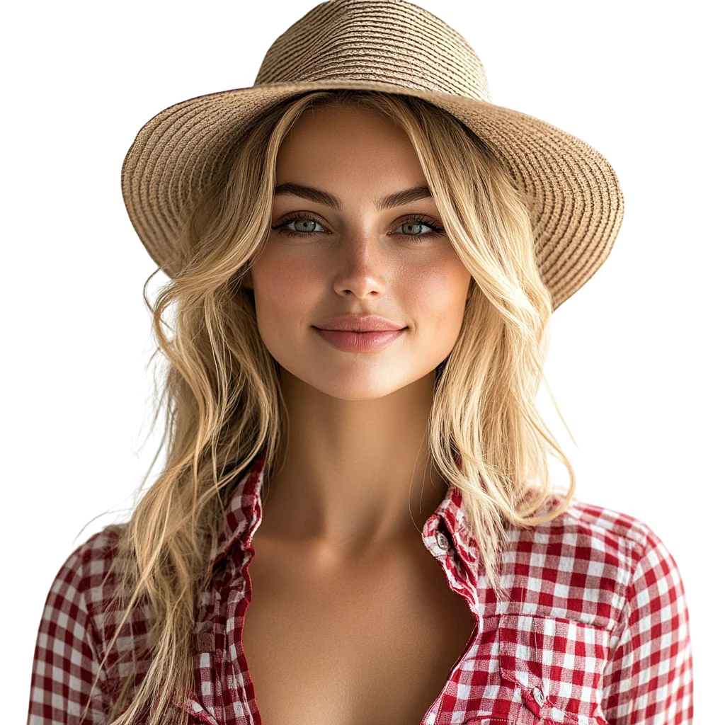 Blonde Woman in Sun Hat and Flannel Free PNG